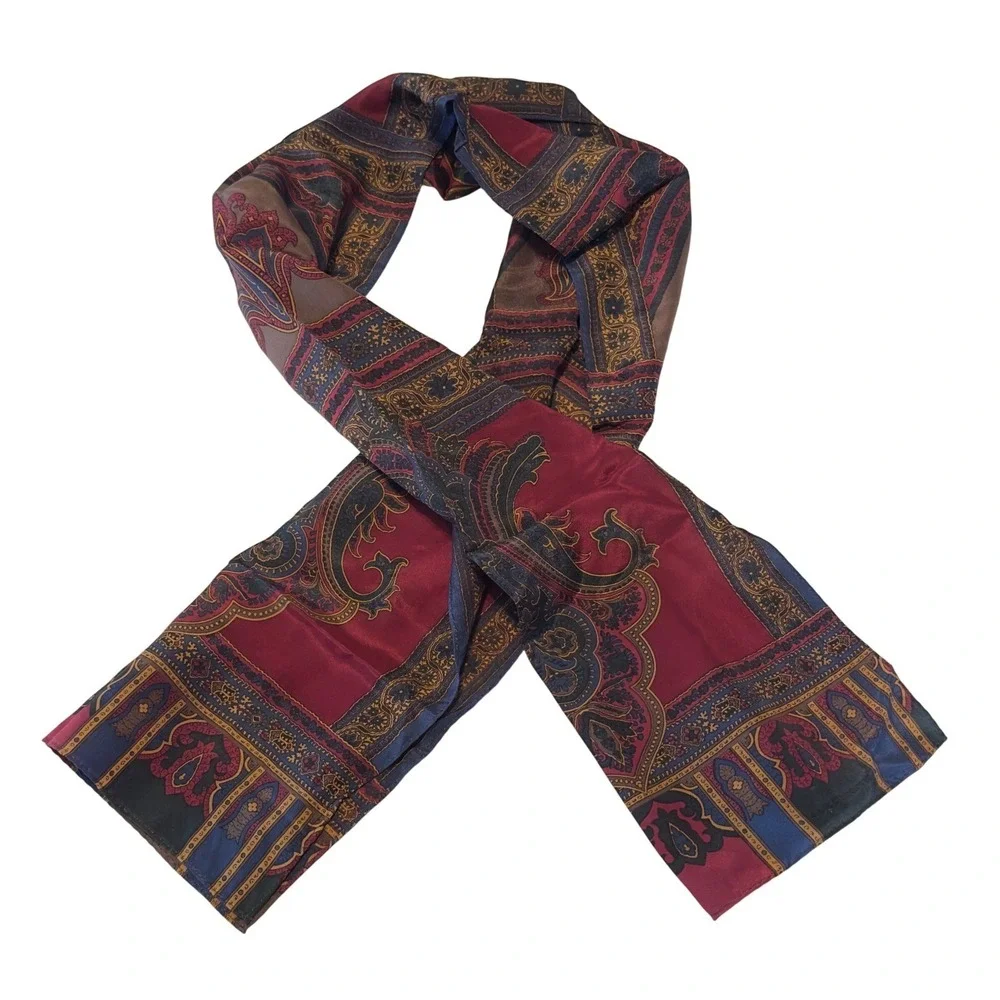 Liz Claiborne Silk Scarf Burgundy Navy Blue Paisley Medallion Oblong Rectangular